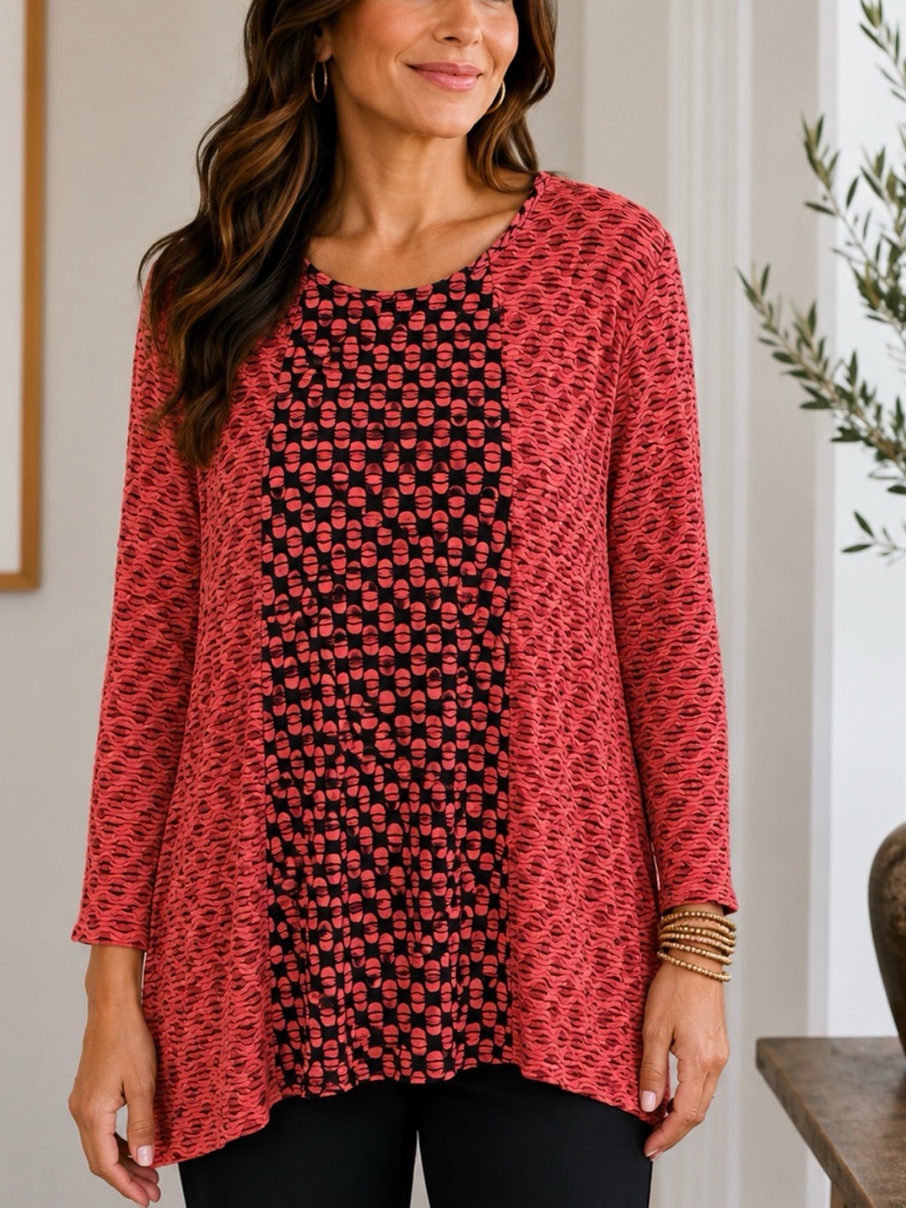 Tianello Artsy Swing Tunic Large Asymmetrical Hem Rayon Knit Pink Black Blouse